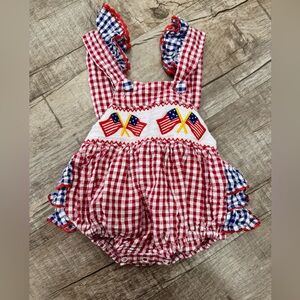 Lil Cactus Baby Girl Patriotic Smocked Bubble Romper Flags 3–6M